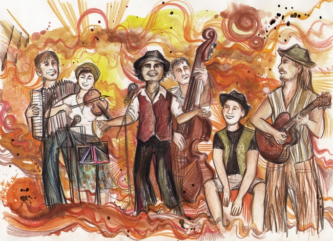 "Combo Libre Livedrawing" (Bielefeld), coloured pencils and ink, 2018