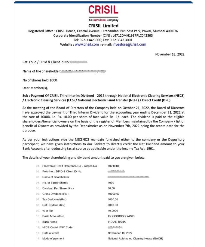 Payment Of CRISIL Limited Third Interim Dividend (2022) to Client Bank account