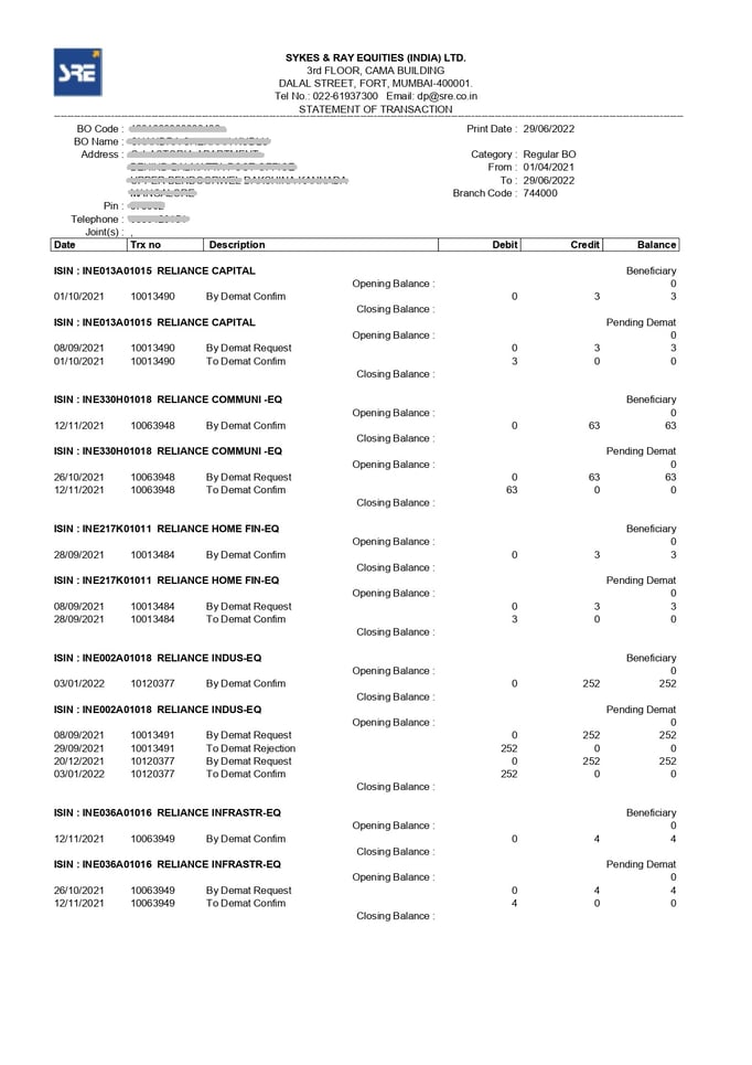 Dematerialisation of share certificates (Reliance Capital Ltd, Reliance Communications Ltd, Reliance Home Finance Ltd, Reliance Industries Ltd & Reliance Infrastructure Ltd) 