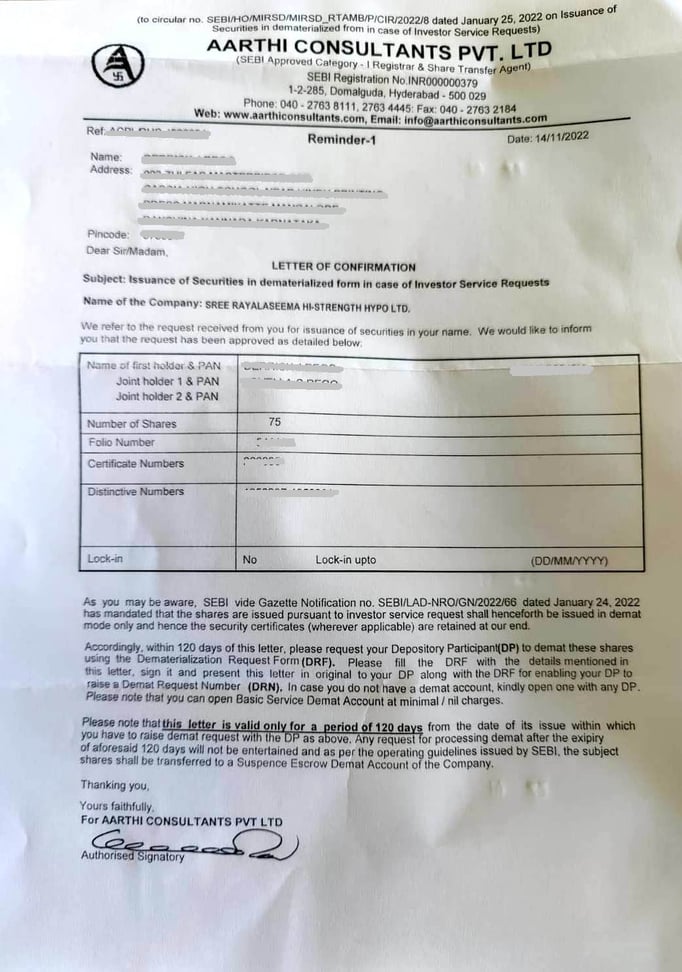 "Letter Of Confirmation" for duplicate share certificate issued by Sree Rayalaseema Hi-Strength Hypo Limited