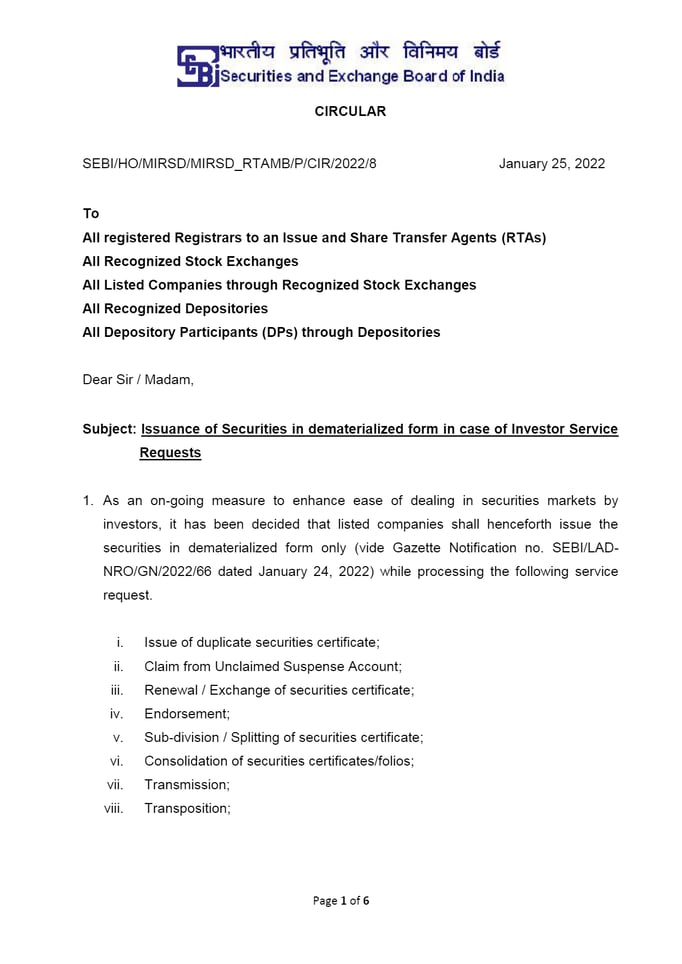 SEBI circular dated Jan 25, 2022 - Issuance of Securities in dematerialized form (Letter Of Confirmation)