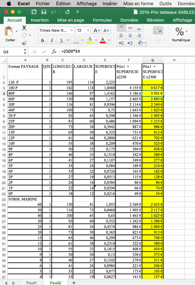 TARIFS FORMATS PAYSAGE ET MARINE (sans frais de port)