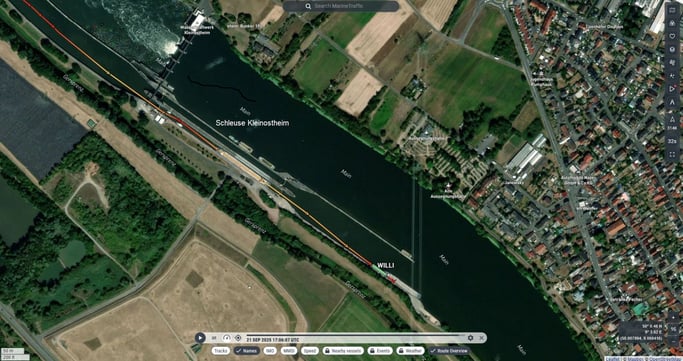 WILLI übernachtet im Oberwasser der Schleuse Kleinostheim (© MarineTraffic)