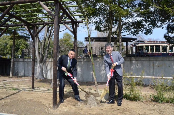 仙台市青葉山公園（追廻地区）が開館１周年。仙臺緑彩館は片倉小十郎屋敷跡にあり、家紋のばら藤を植樹しました。右が小生です。