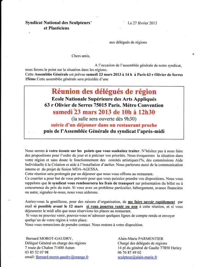 convocation  à la réunion des délégués de régions