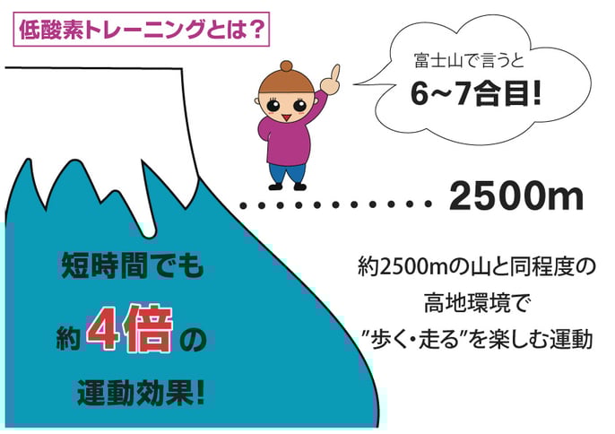 低酸素ウォーキングとは、標高2,500mの高地空間を再現した、酸素濃度16％の空間でウォーキングなどの有酸素運動を行う事です。