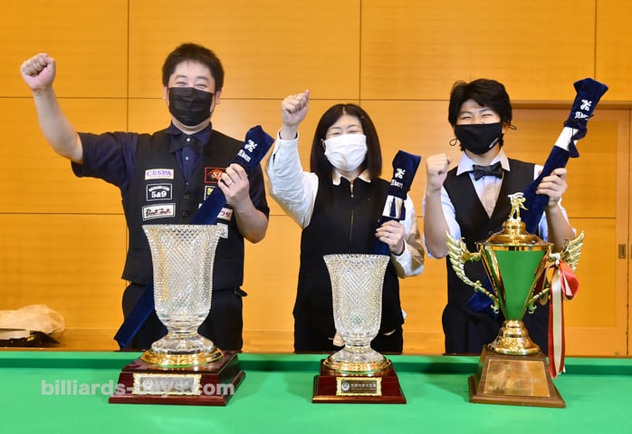 前回大会（2021年）チャンピオン。左から、A：喜島安広、女子：坂田夕紀、B：宮本琉成