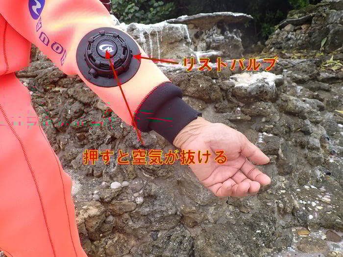 左の手首上あたりに排気バルブがありますのでこれを上に向けてプッシュ