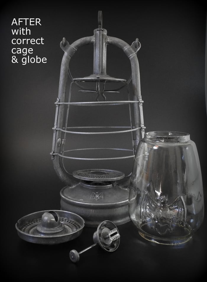 D.R. PATENT with large Bat globe & patent numbers embossed on chimney tube. 1907-1910