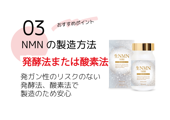  ファリンソのNMNサプリおススメポイント③NMNの製造方法は酵母もしくは酵素発酵法。発ガン性リスクがありません。化学合成法は使用していません。
