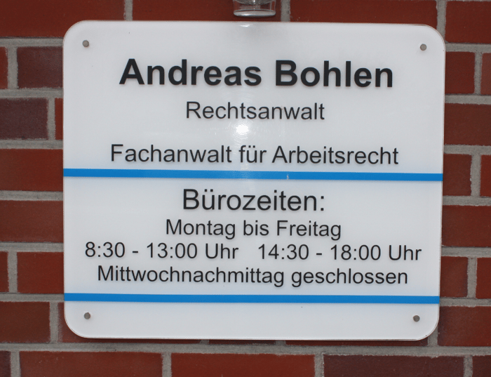 Rechtsanwalt Andreas Bohlen Kanzlei Schild in Moormerland
