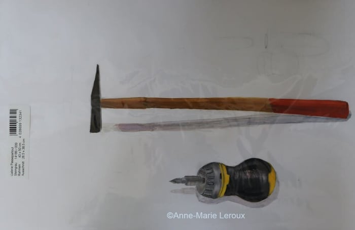 Outils dessinés d'après nature. Tournevis et petit marteau.