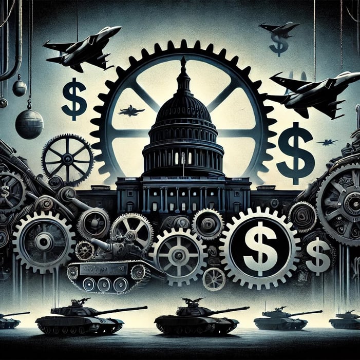 military industrial complex graphic with the White House and tanks #snarchy