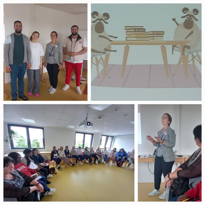 v.l.n.r. Omran (Syrien), Olga (Usbekistan), Rebecca Dolfing (Schulleitung), Nawas (Irak)