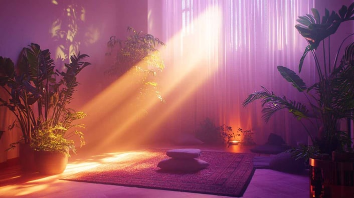 Ein gemütlicher Meditationsraum mit Pflanzen, lila und rosa Lichtstrahlen, Bodenkissen, Holzmöbeln und einem warmen Lichtschein aus den Fenstern. Die Szene hat eine filmische, hochauflösende Fotografie-Atmosphäre