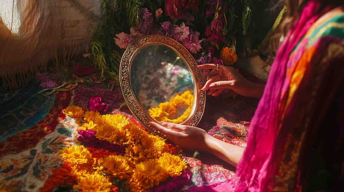 Ein filmisches Standbild einer Frau, die einen verzierten Spiegel hält und nachdenklich hineinblickt, umgeben von bunten Blumen auf dem Boden. Die Szene ist vor einem Hintergrund aus lebendigen indischen Stoffen angesiedelt
