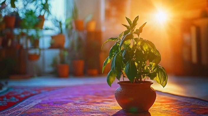 Auf einem kunstvoll gemusterten Teppich in der Mitte des Raumes steht ein Topf mit Basilikum, die in warmes Sonnenlicht getaucht ist, lange Schatten wirft und eine gemütliche Atmosphäre schafft. 