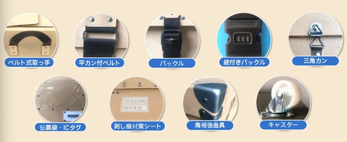 ベルト式取っ手、平カン付ベルト、バックル、鍵付きバックル、三角カン、伝票袋・ICタグ、剥がし痕対策シート、角補強金具、キャスター