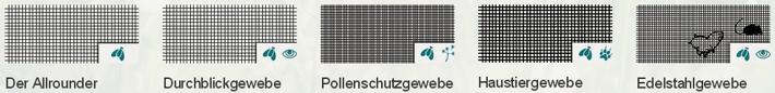 Der Allrounder, das Durchblickgewebe, das Pollenschutzgewebe, das Haustiergewebe und das Edelstahlgewebe. Immer mit Insektenschutz.