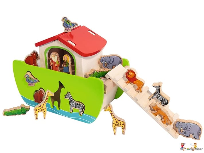 Im Paket Eichhorn ist eine Arche Noah aus Birkenholz mit 16 Steckfiguren alles mit Farbe auf Wasserbasis enthalten.