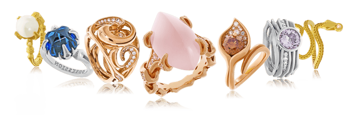 Handgefertigte Schmuckringe in diversen Edelmetallen mit farbigen Edelsteinen und Diamanten aus dem Atelier der Goldschmiede OBSESSION Zürich und Wetzikon