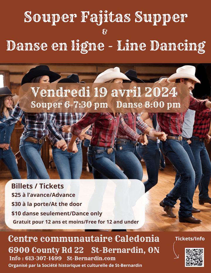 Affiche du Souper Fajitas et danse en ligne du 19 avril 2024