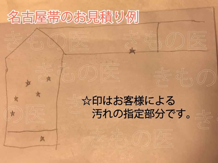 メルカリで「美品です」とのコメントを信じて購入した、アンティーク名古屋帯のお見積りでお送りいただいた変色している部分の手書きメモの画像です