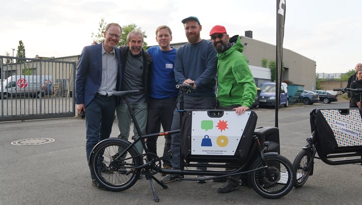 Foto (von links): Arne Behrensen (Zukunft Fahrrad), Thomas Bürmann (flotte Berlin), Hannes Wöhrle (Verband Freie Lastenräder), Felix Schön (muli-cycles), Timo Höfker (Verband Freie Lastenräder)