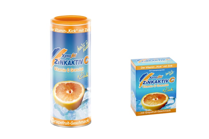 li: Xenofit Zinkaktiv C 270 g in der Vorratsdose,  re: Xenofit-Zinkaktiv-C-Pack