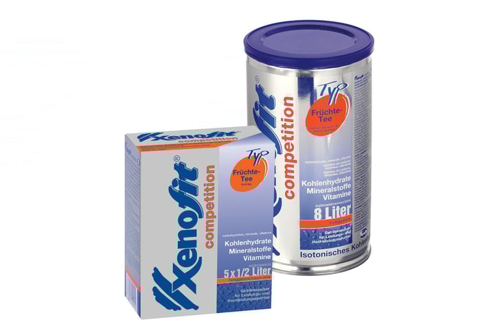 Xenofit competition: Vorratsdose für 8 Liter Fertiggetränk und Packung mit 5 Portionsbeuteln für je 500 ml Fertiggetränk (ideal für unterwegs).