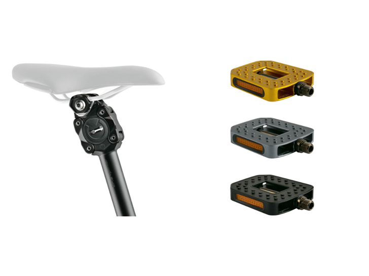 Zwei Produktneuheiten von by,schulz: Das neue Plattform-Pedal der M-Line und die EP.2 Elastomer Sattelstütze. ©