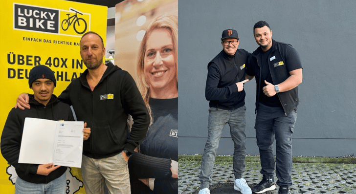 Bild links: Habibullah Ghayeb Nazars ist stolz auf seinen Abschluss, hier mit Ausbilder / Bild rechts: Kevin Apitz arbeitet in der Lucky Bike Filiale Erfurt. ©Lucky Bike