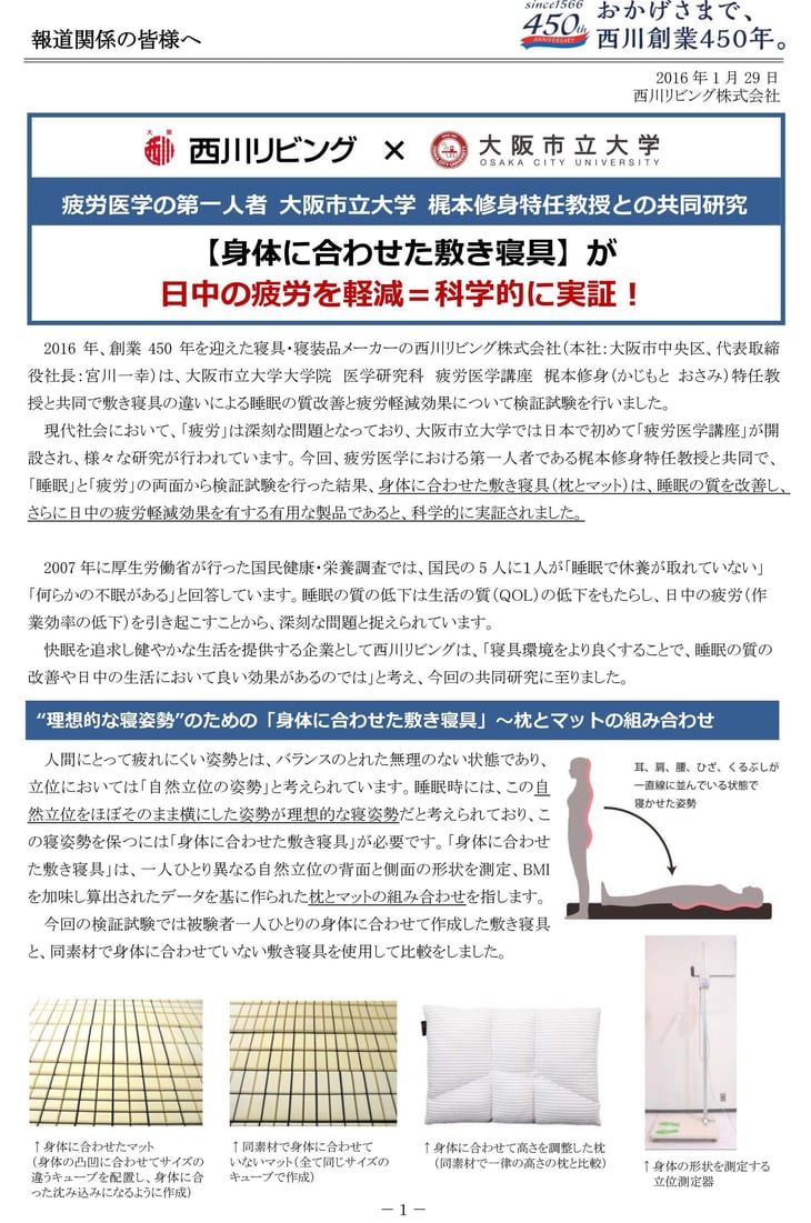 体に合わせた敷き寝具は 睡眠の質を改善させ 日中の披露を軽減する！　西川株式会社 オーダーメイドマットレス フィットする眠り