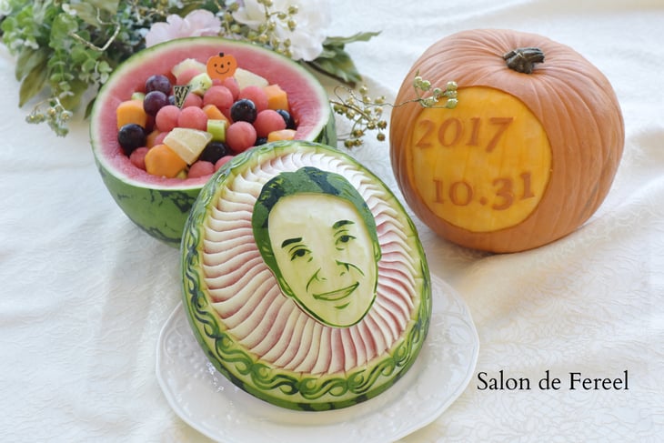 カービング　スイカ　メロン　教室　フルーツ　彫刻　大阪　オーダー　習い事　誕生日プレゼント　結婚式　カッティング　ソープ　ハロウィン　かぼちゃ　パンプキン　似顔絵