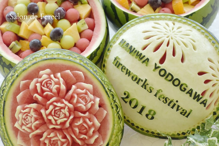 カービング　スイカ　彫刻　誕生日　結婚式　メロン　フルーツカービング　教室　大阪　薔薇　ソープカービング　　プレゼント　オーダー　フラワーケーキ　時計　花時計　フルーツバスケット