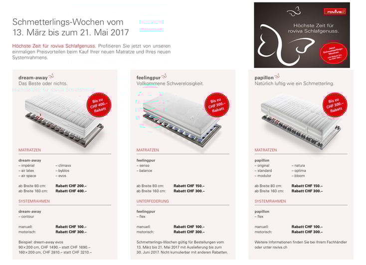 Roviva Schmetterlings Wochen Zermatt Bittel Zermatt Wallis Bettwaren Aktion Hammerpreis Matratze