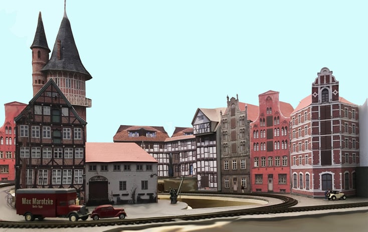 Selbstbau Projekte, Binnenhafen, H0e, Speicherhaeuser, Getreidesilo, Wasserturm, Kleinstadt Szene