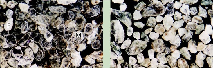 Left: before flottation/ right: after flottation (F:  feldspar grains; M: muscovite grains
