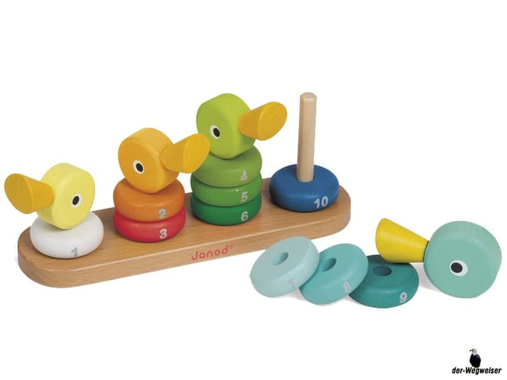 Die Besonderheiten im Janod Paket ist, dass die motorischen Fähigkeiten spielerisch mit den vier bunten Enten gefördert werden.