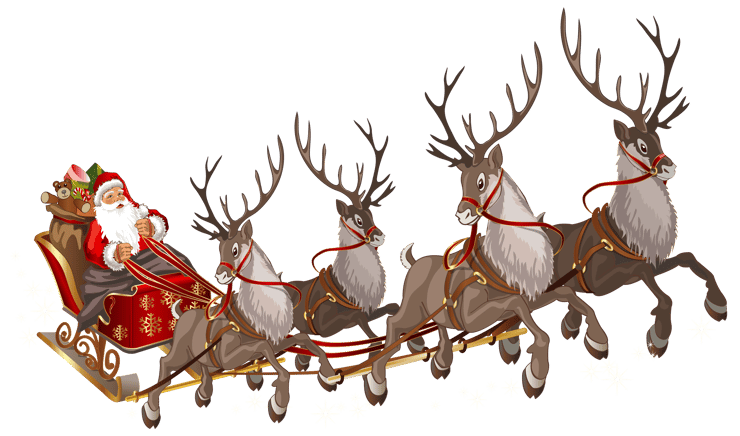 les rennes du père Noël tirant le traineau dans le ciel
