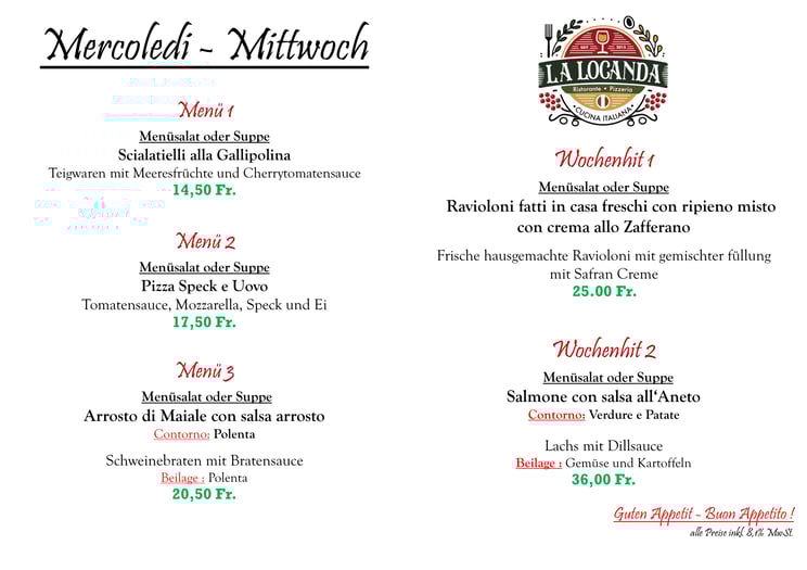 Unsere Mittagsmenü für Mittwoch den 04.02.2026