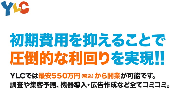 YLCでコインランドリー経営を始めるメリットは「初期費用を抑えることで圧倒的な利回りを実現できること」です。最安500万円（税別）からコインランドリーの開業が可能で、調査や集客予測、機器導入・広告作成などすべてコミコミです。