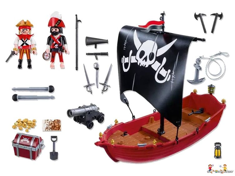 Im Paket Playmobil 5298 ist ein Totenkopf-Kampfschiff mit zwei Soldaten und eine Kanone enthalten.