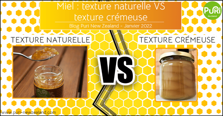 Article de blog Miel : texture naturelle VS crémeuse avec pot de miel crémeux et une cuillère en métal avec du Miel de Manuka cristallisé et granuleux sous fond alvéolé jaune