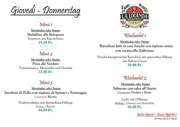 Unsere Mittagsmenü für Donnerstag den 05.02.2026