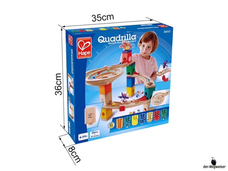 Bei der Bestellung im Onlineshop der-Wegweiser erhalten Sie die Kugelbahn "Quadrilla" vom Hersteller Hape.