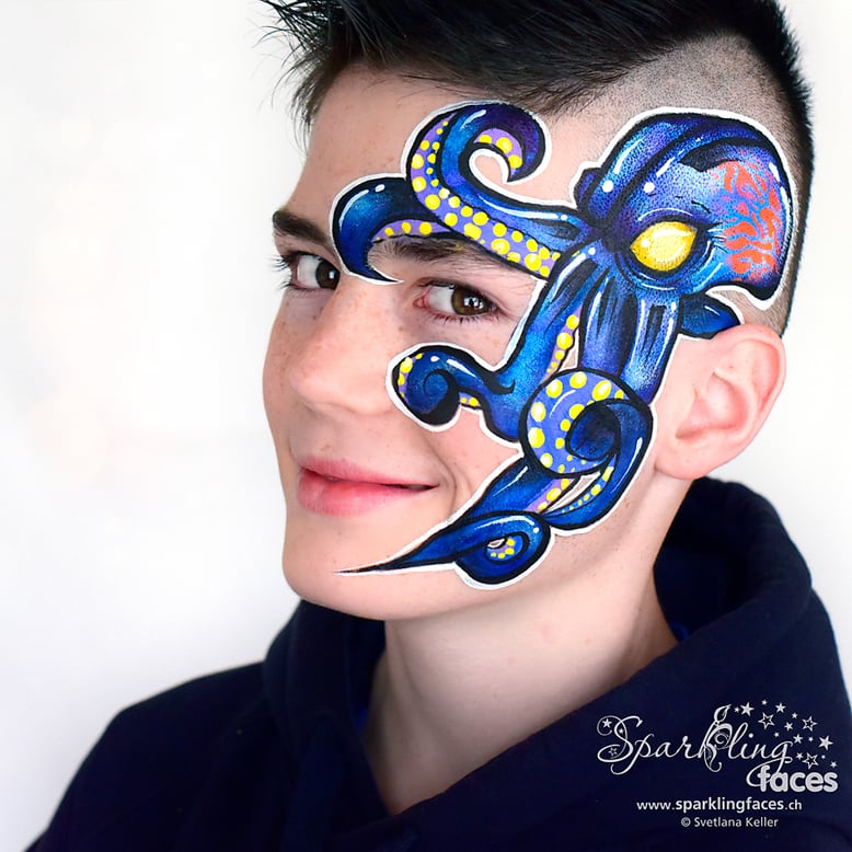 Kinderschminken_Vorlagen; Schminkfarben_kaufen_Schweiz; Kinderschminken_Kurse; einfach; Tintenfisch