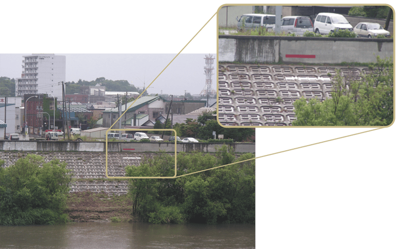 江別河川防災ステーション対岸にある千歳川の昭和50年（白）と昭和56年（赤）の水位跡