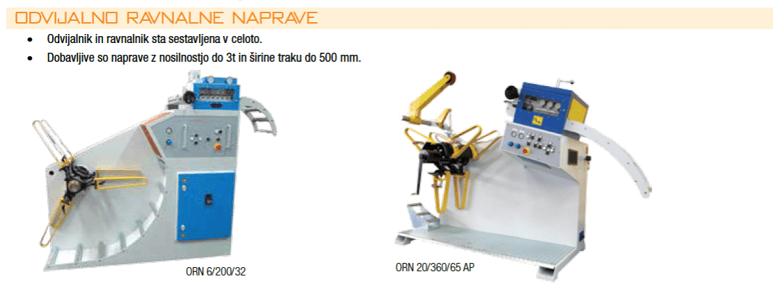 Odvijalno ravnalne naprave • Odvijalnik in ravnalnik sta sestavljena v celoto. • Dobavljive so naprave z nosilnostjo do 3t in širine traku do 500 mm.