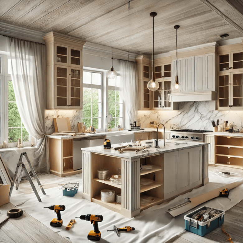 a kitchen in the middle of a remodel, showcasing the ongoing transformation